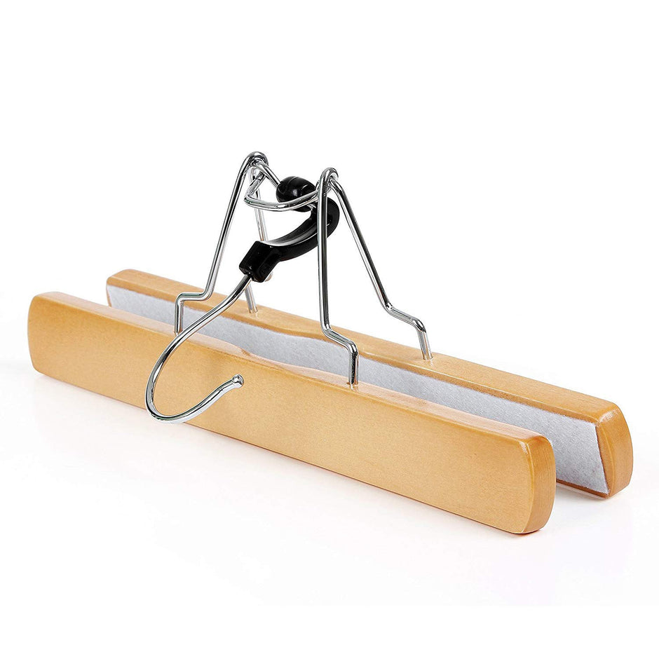 Trouser Clamp Hanger – Solid Wood – Natural – Set of 12 with 360° Rotatable Hook and Anti-slip Felt