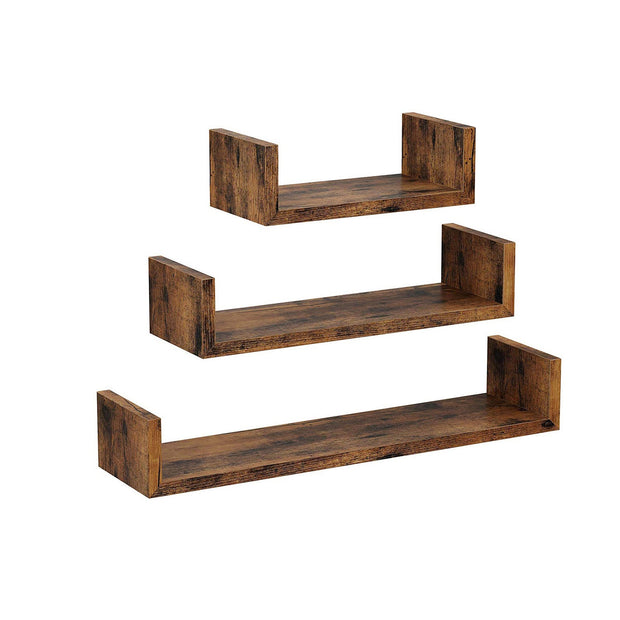 Wall-Mounted Floating Shelves – Wood – Rustic Brown – Set of 3 Vintage-Style U-Shaped Design