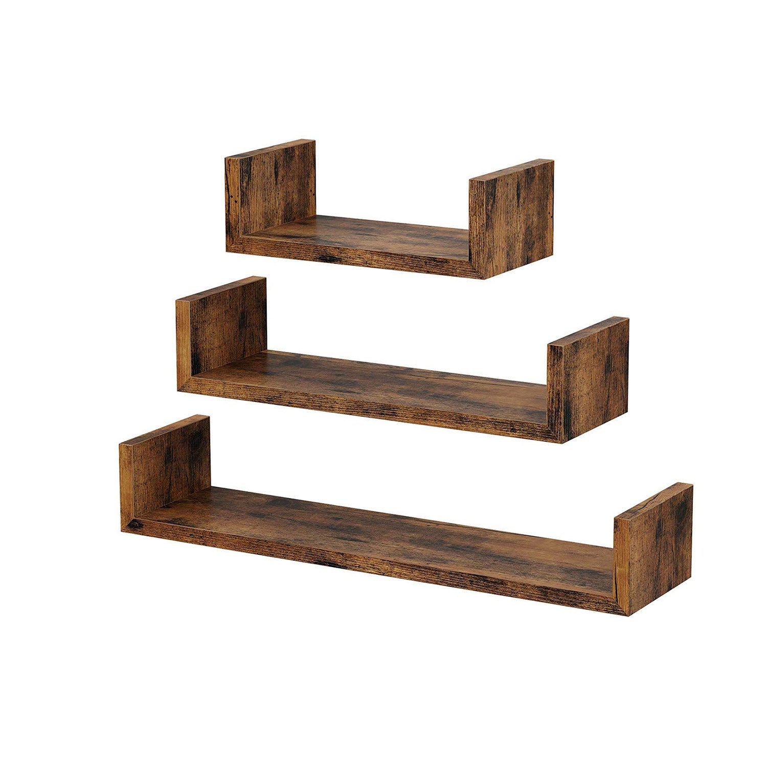 Wall-Mounted Floating Shelves – Wood – Rustic Brown – Set of 3 Vintage-Style U-Shaped Design