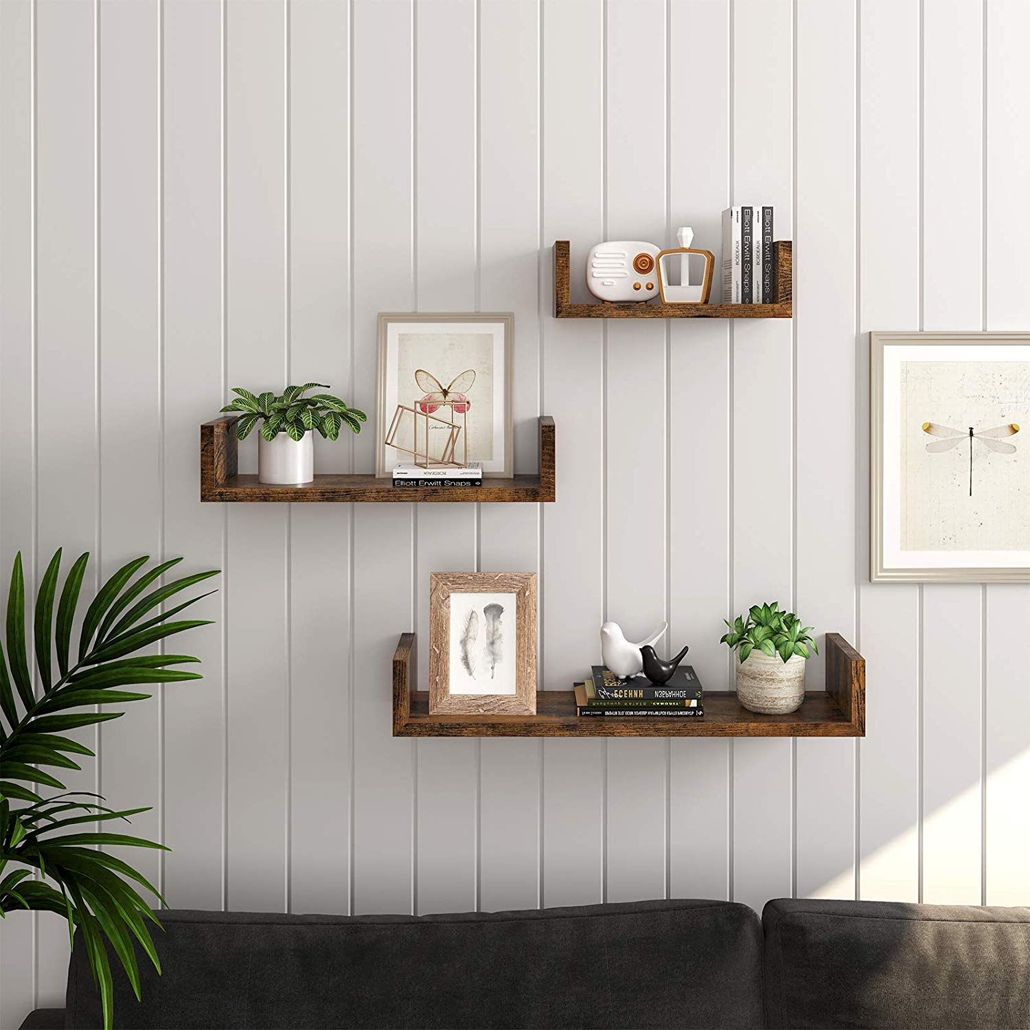 Wall-Mounted Floating Shelves – Wood – Rustic Brown – Set of 3 Vintage-Style U-Shaped Design