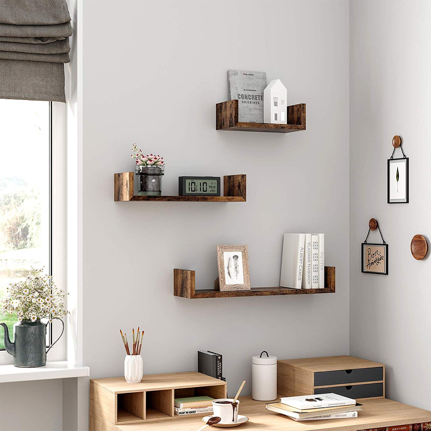 Wall-Mounted Floating Shelves – Wood – Rustic Brown – Set of 3 Vintage-Style U-Shaped Design