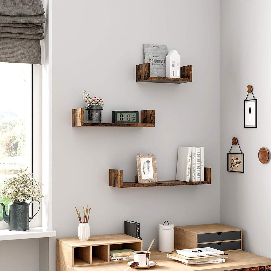 Wall-Mounted Floating Shelves – Wood – Rustic Brown – Set of 3 Vintage-Style U-Shaped Design