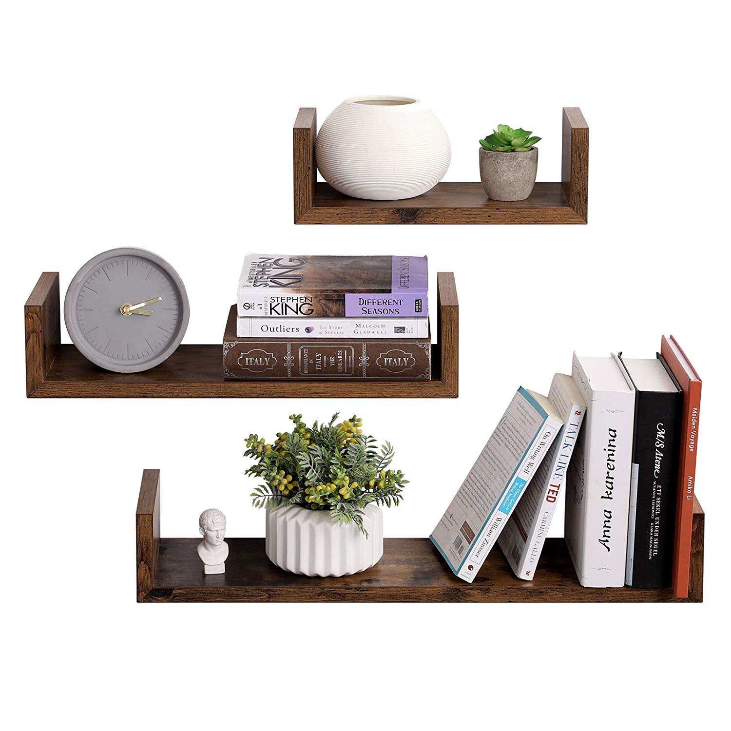 Wall-Mounted Floating Shelves – Wood – Rustic Brown – Set of 3 Vintage-Style U-Shaped Design