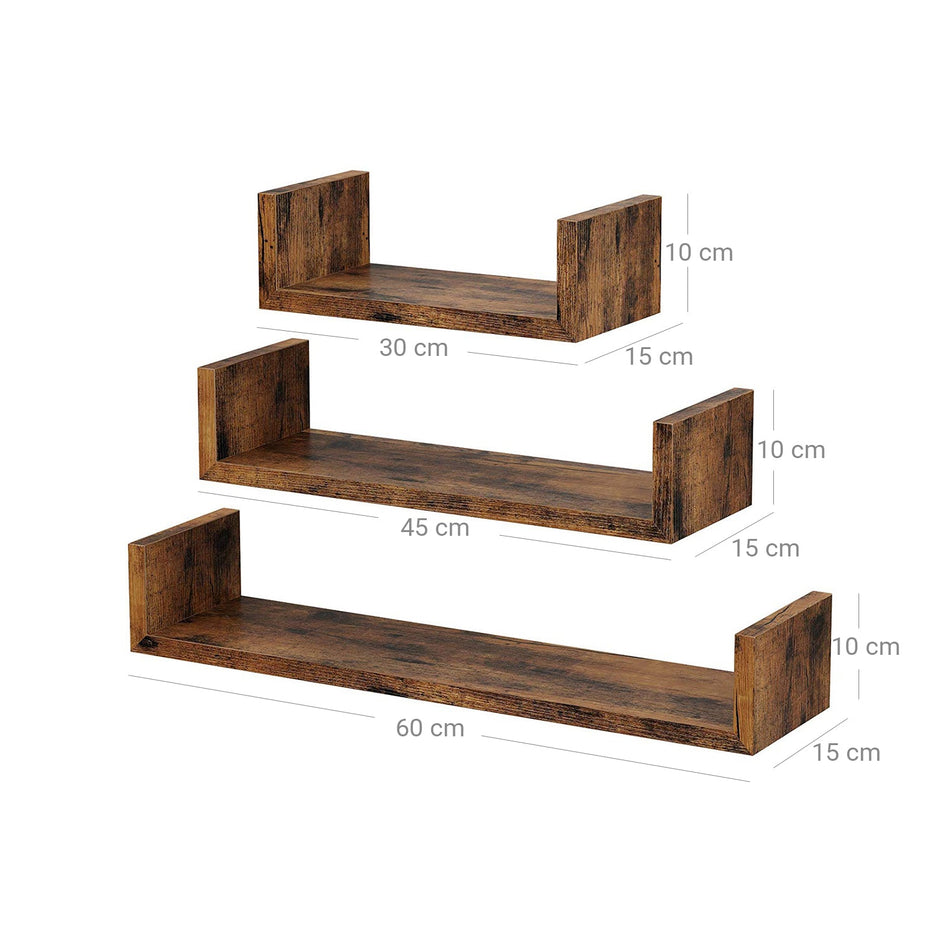 Wall-Mounted Floating Shelves – Wood – Rustic Brown – Set of 3 Vintage-Style U-Shaped Design