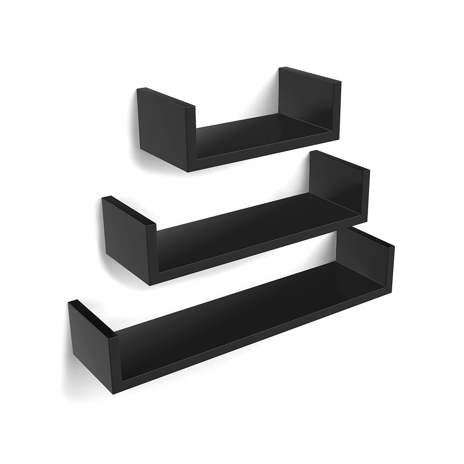 U-Shaped Floating Wall Shelves – Wood – Black – Set of 3 with 15 kg Weight Capacity