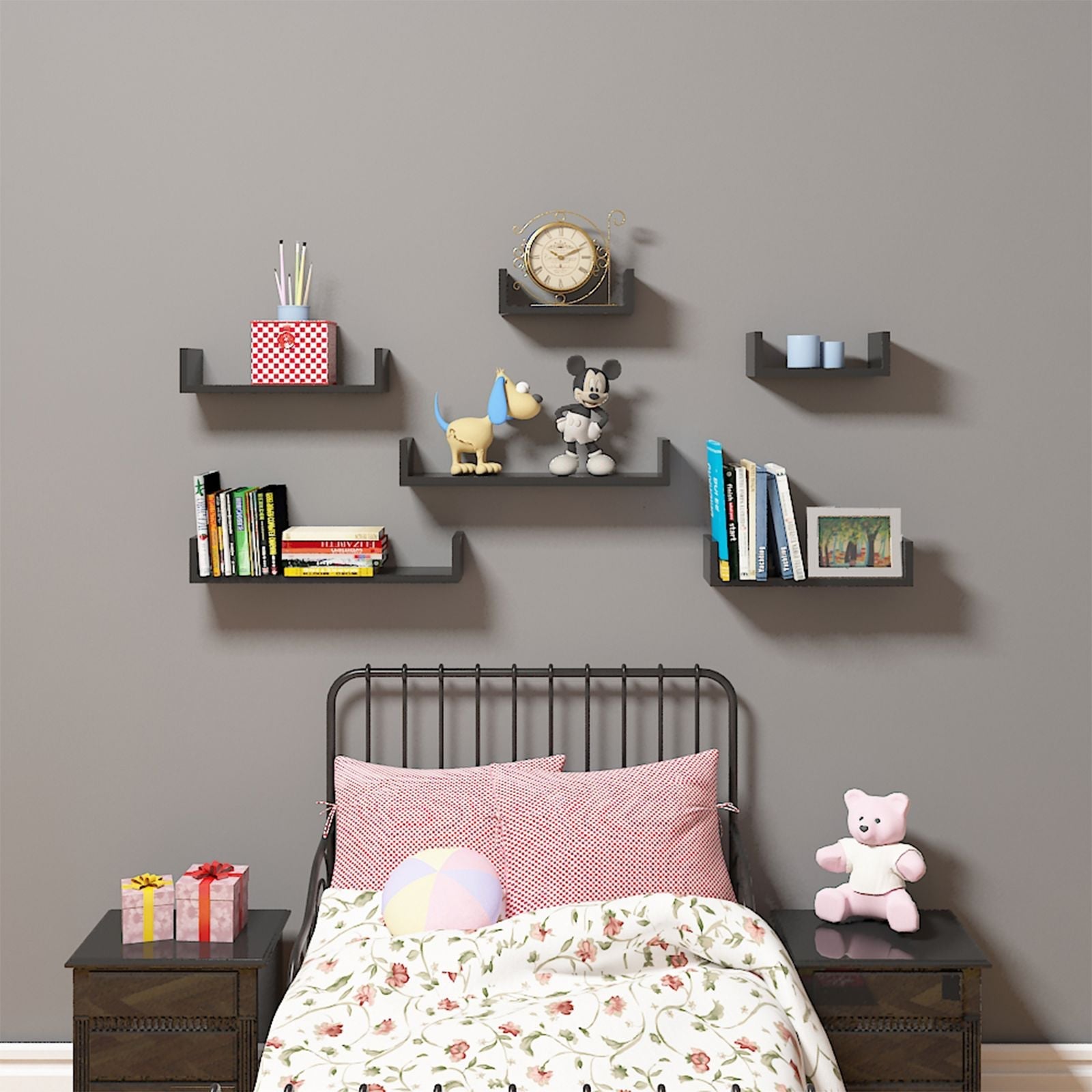 U-Shaped Floating Wall Shelves – Wood – Black – Set of 3 with 15 kg Weight Capacity