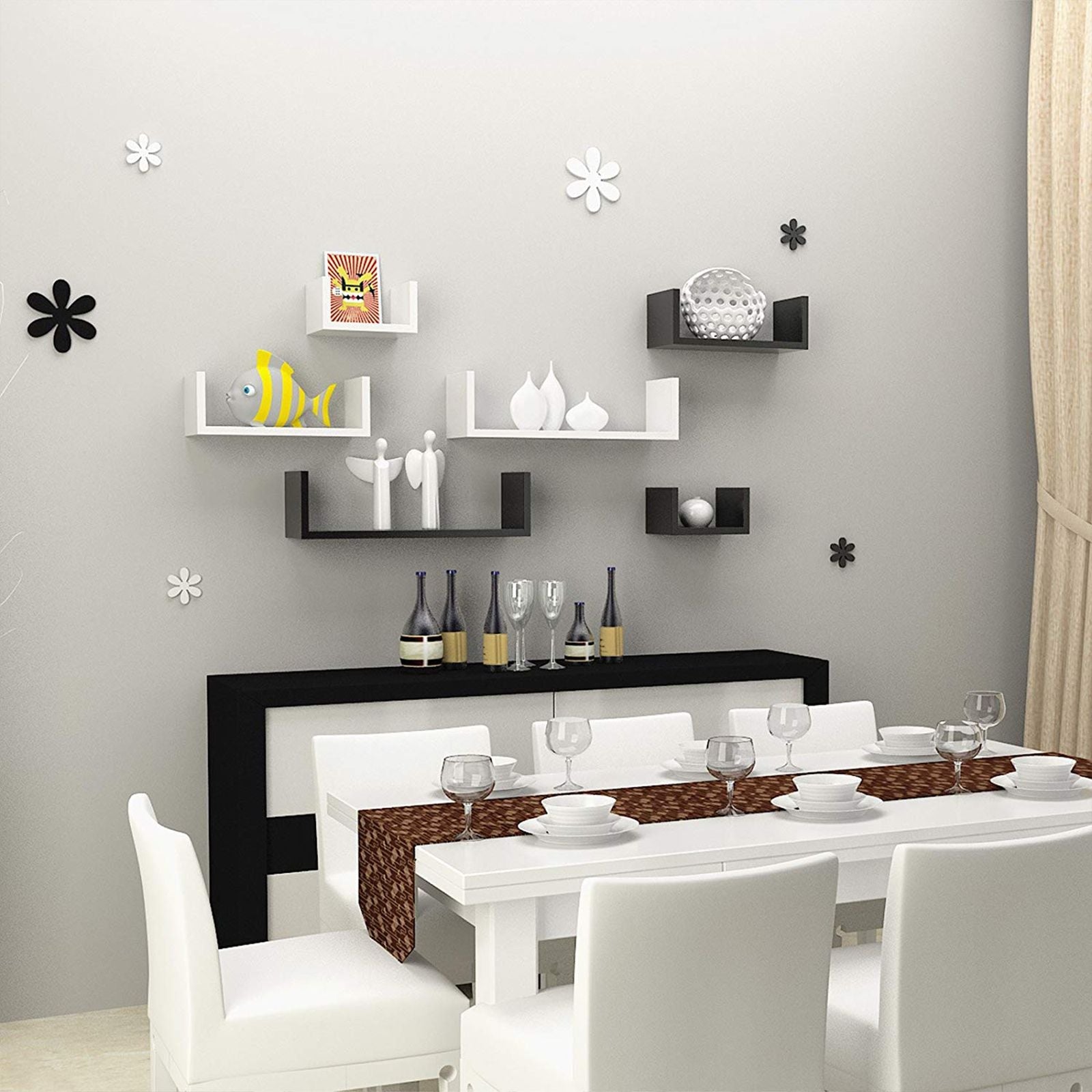 U-Shaped Floating Wall Shelves – Wood – Black – Set of 3 with 15 kg Weight Capacity