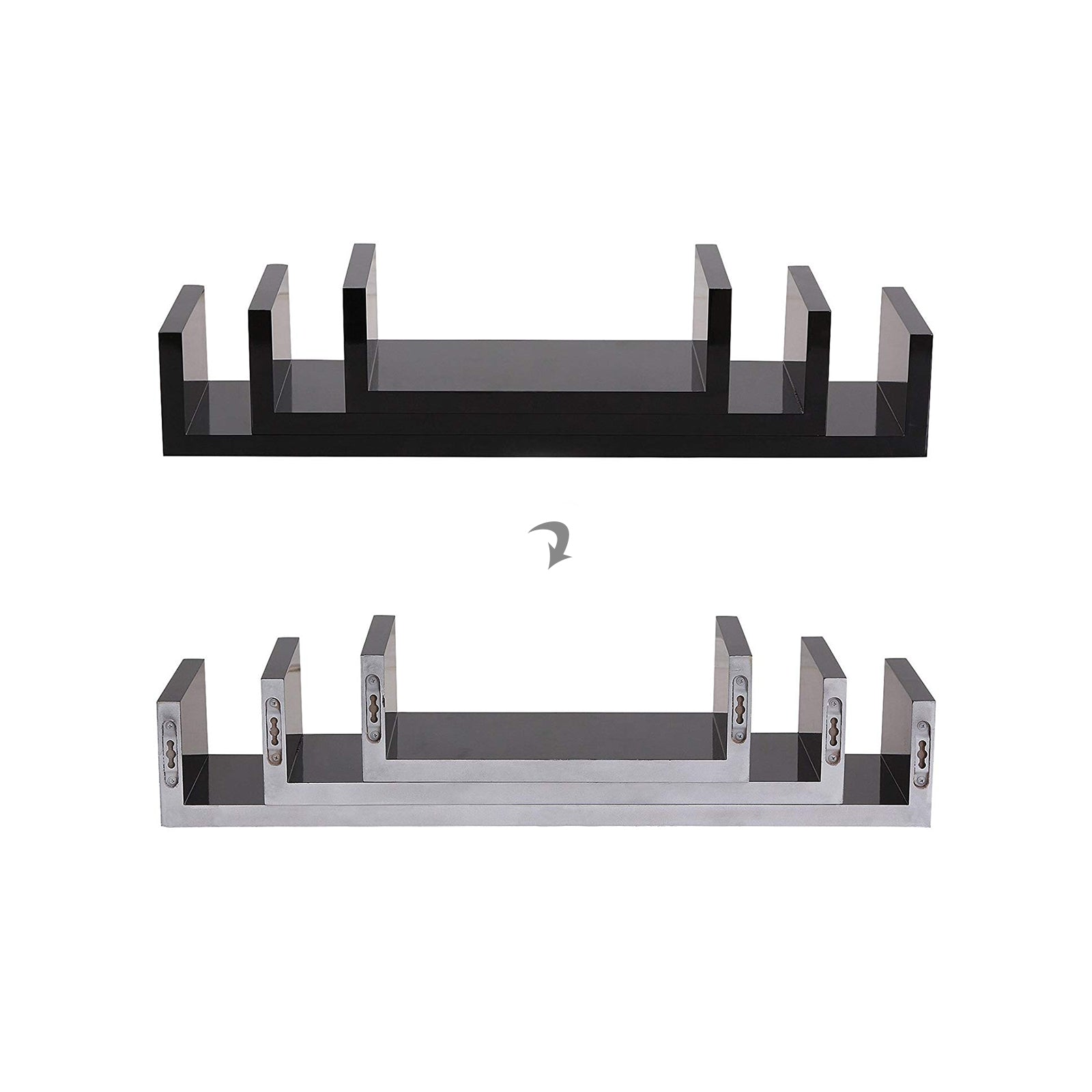 U-Shaped Floating Wall Shelves – Wood – Black – Set of 3 with 15 kg Weight Capacity