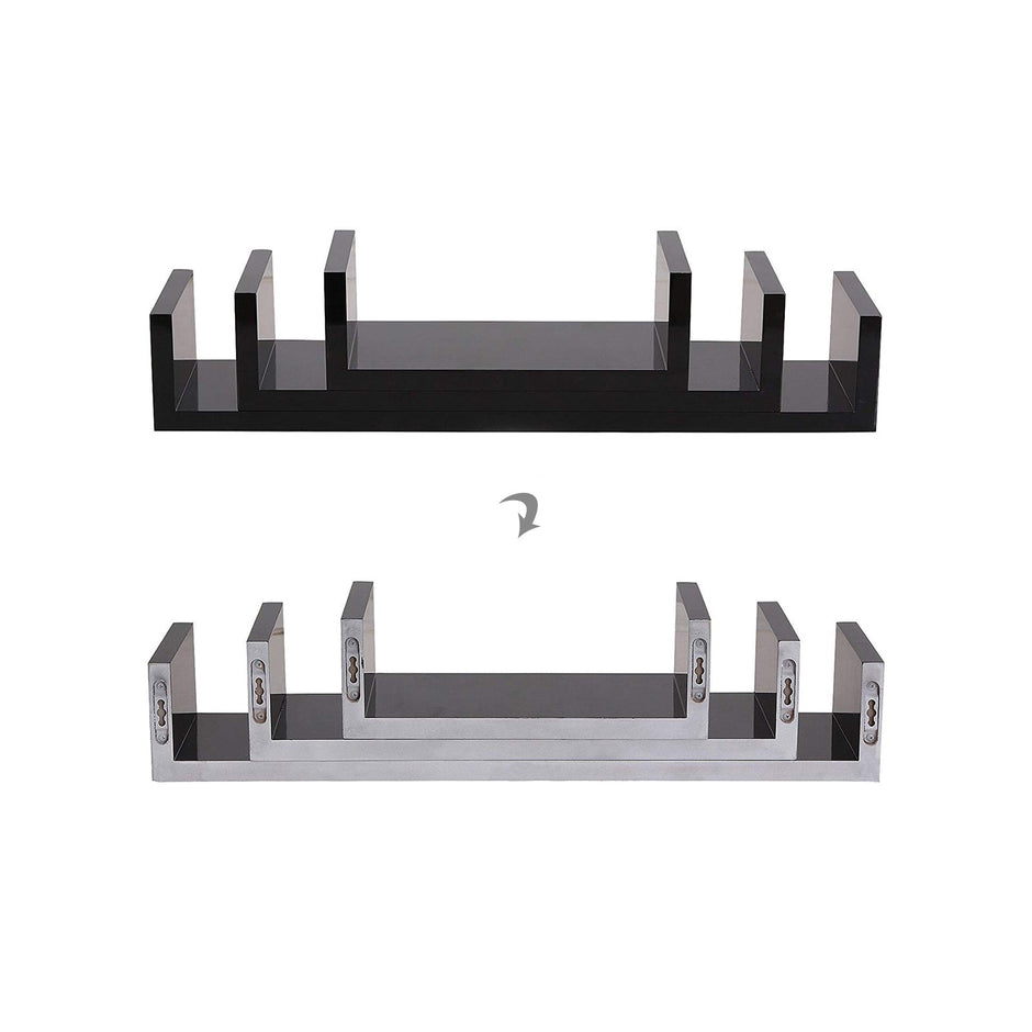 U-Shaped Floating Wall Shelves – Wood – Black – Set of 3 with 15 kg Weight Capacity