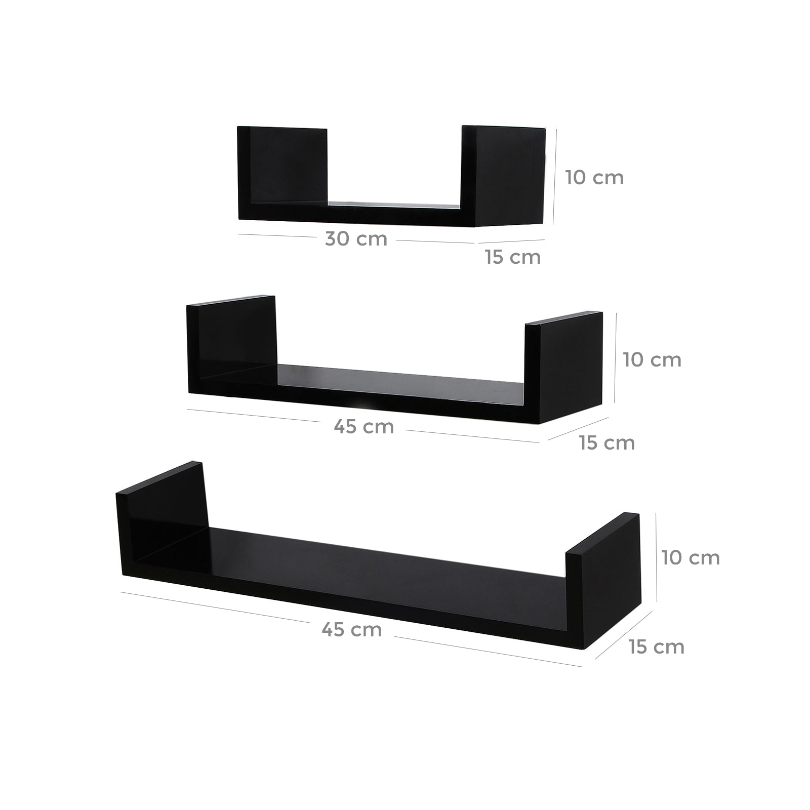 U-Shaped Floating Wall Shelves – Wood – Black – Set of 3 with 15 kg Weight Capacity