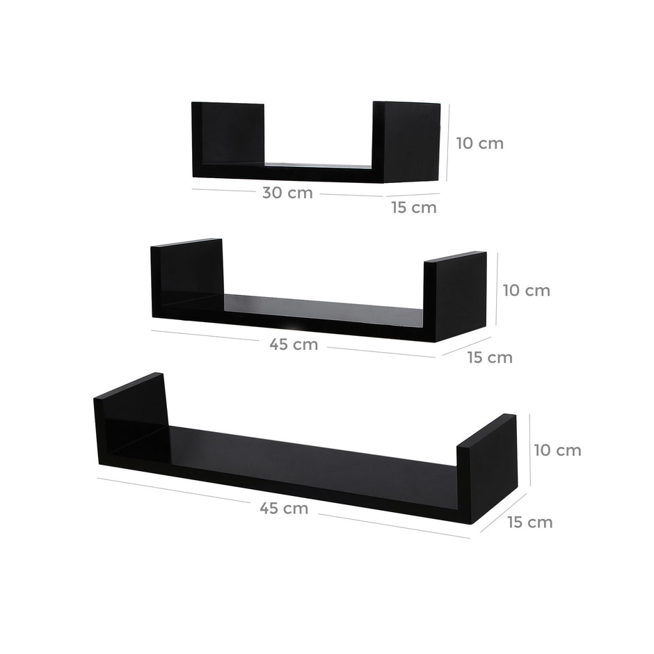 U-Shaped Floating Wall Shelves – Wood – Black – Set of 3 with 15 kg Weight Capacity