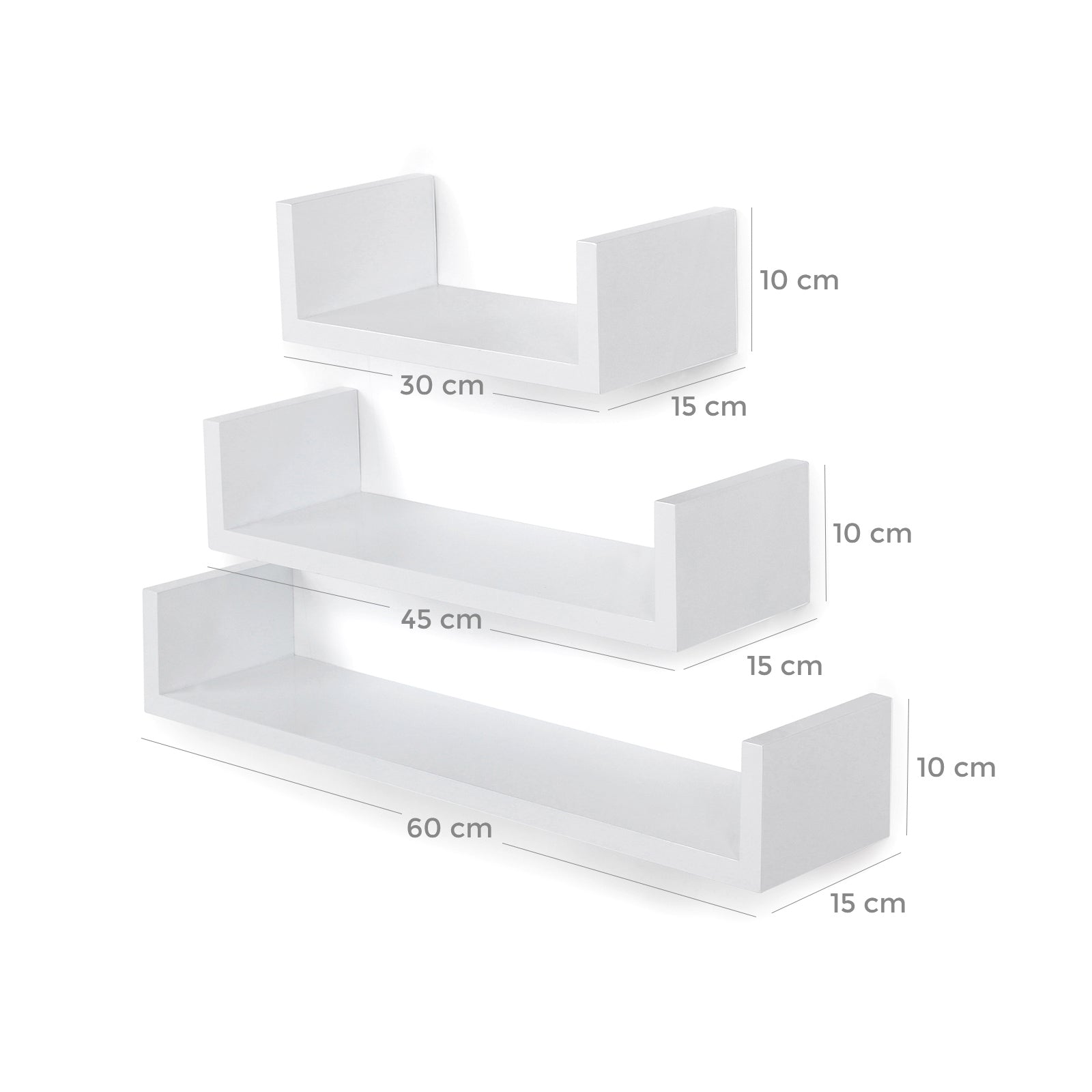 U-Shaped Floating Wall Shelves – Wood – Black – Set of 3 with 15 kg Weight Capacity