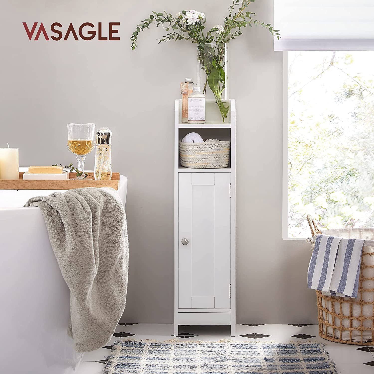 Slim Bathroom Storage Cabinet – Wood – White – Freestanding with Adjustable Shelves