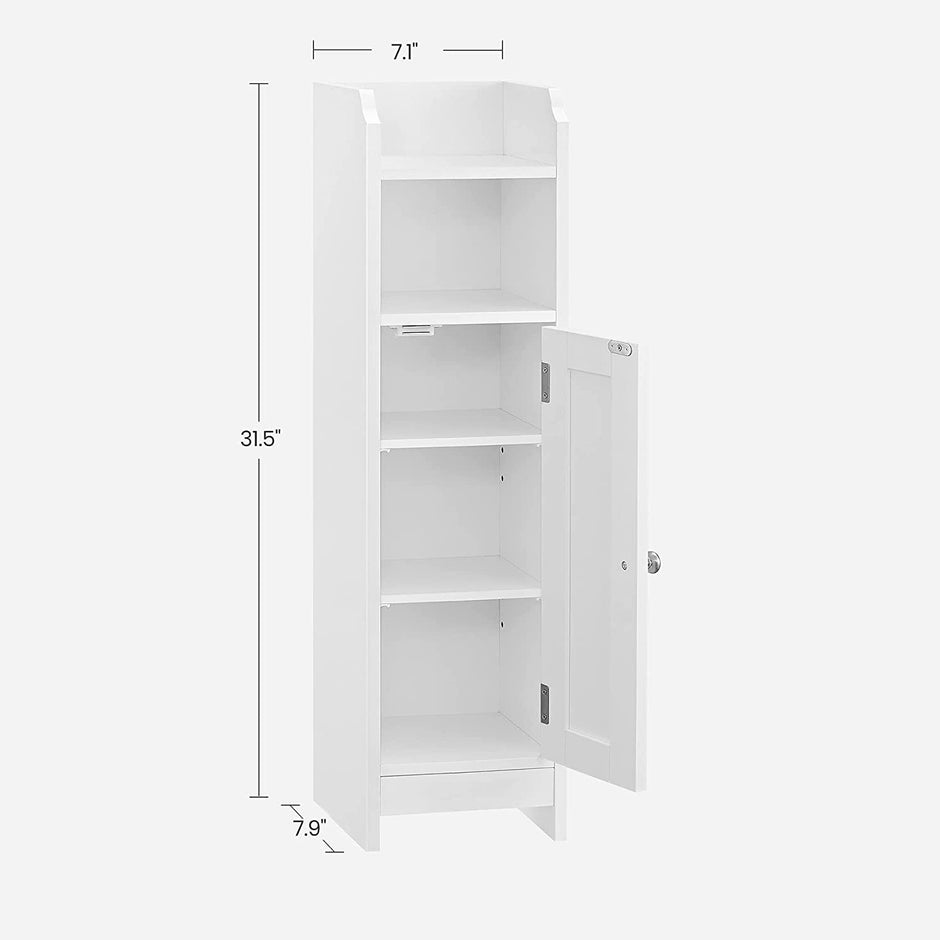 Slim Bathroom Storage Cabinet – Wood – White – Freestanding with Adjustable Shelves