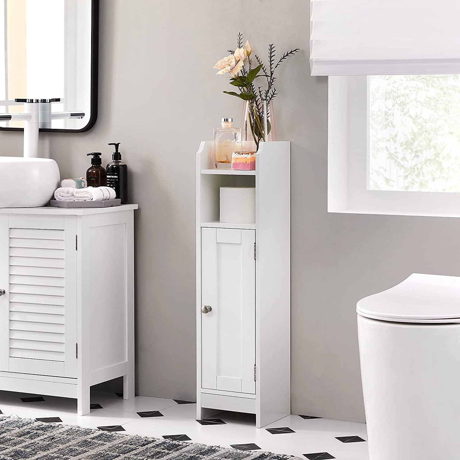 Slim Bathroom Storage Cabinet – Wood – White – Freestanding with Adjustable Shelves