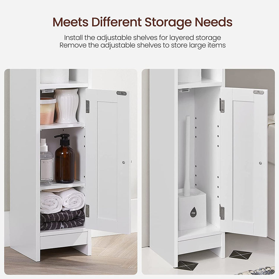 Slim Bathroom Storage Cabinet – Wood – White – Freestanding with Adjustable Shelves