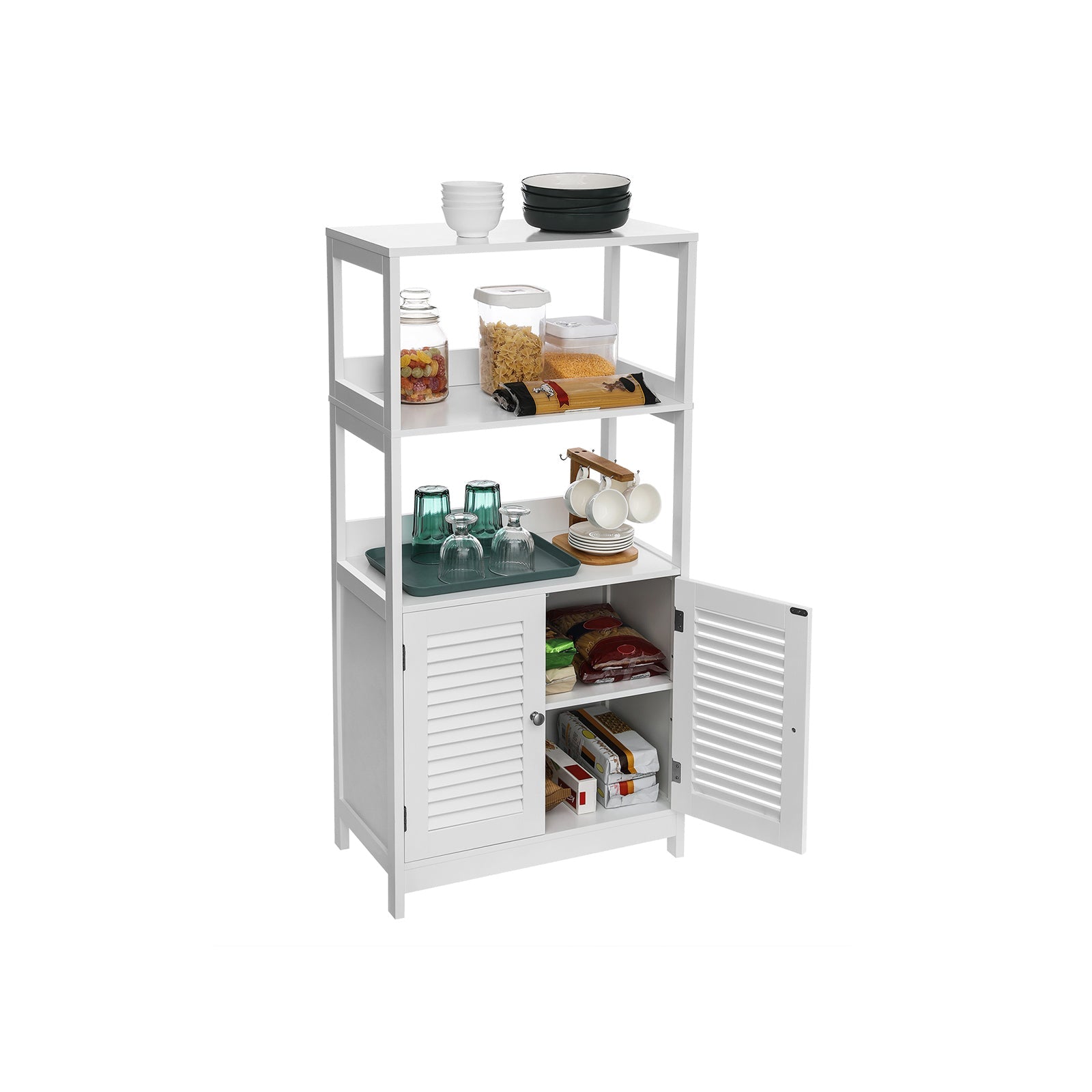 Bathroom Floor Cabinet – Engineered Wood – Matte White – Freestanding with 2 Open Shelves and Double Doors