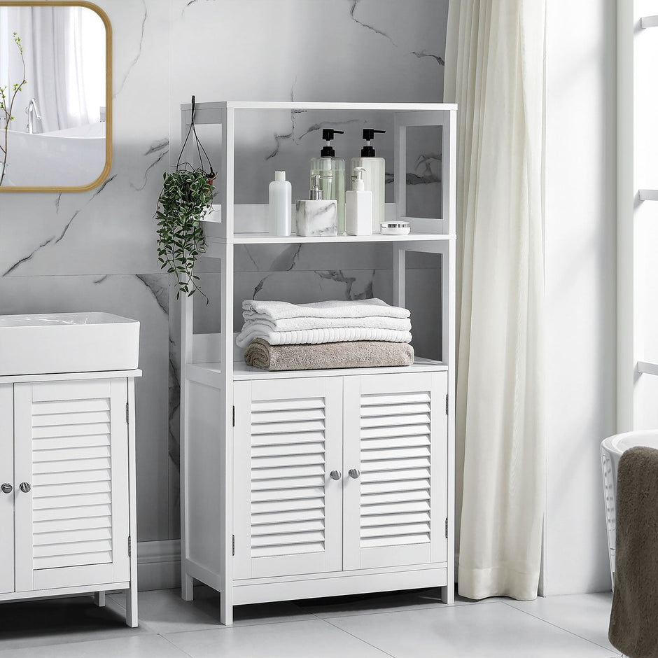 Bathroom Floor Cabinet – Engineered Wood – Matte White – Freestanding with 2 Open Shelves and Double Doors