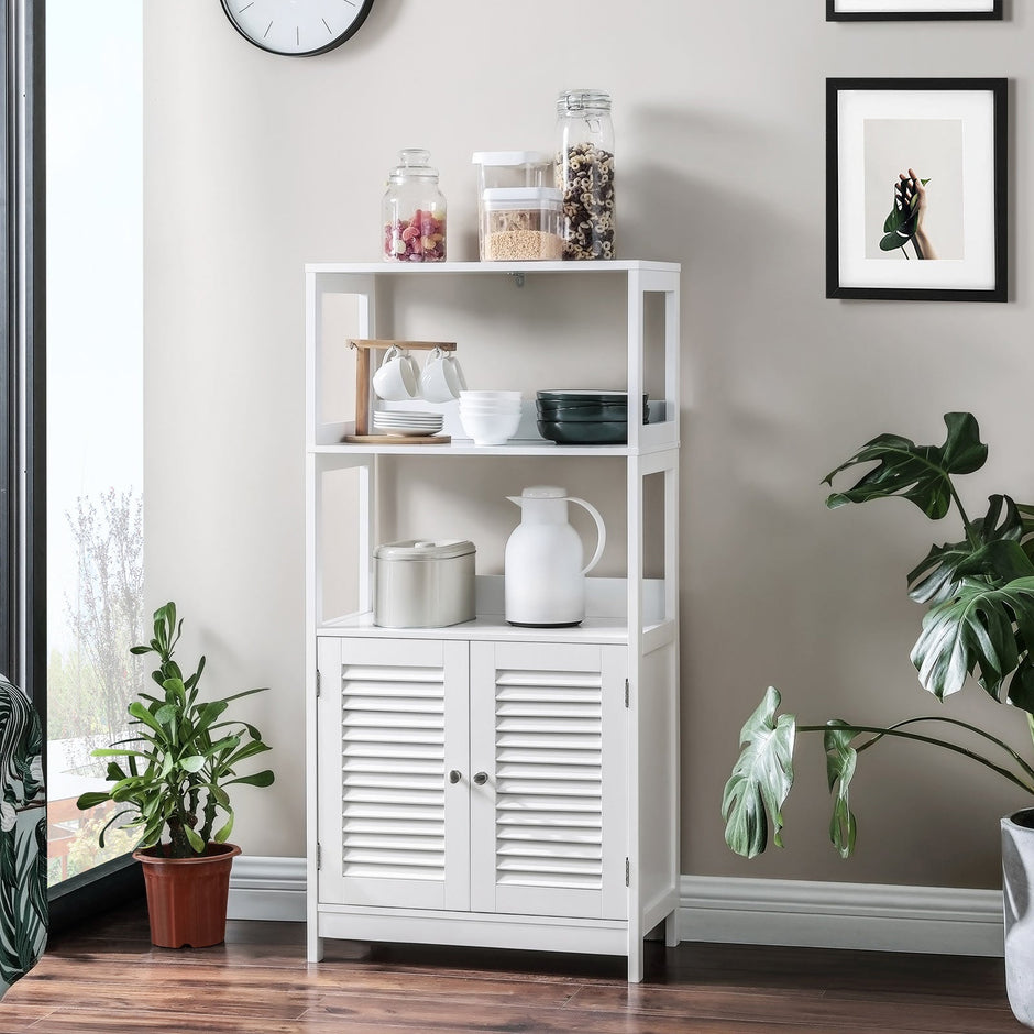 Bathroom Floor Cabinet – Engineered Wood – Matte White – Freestanding with 2 Open Shelves and Double Doors