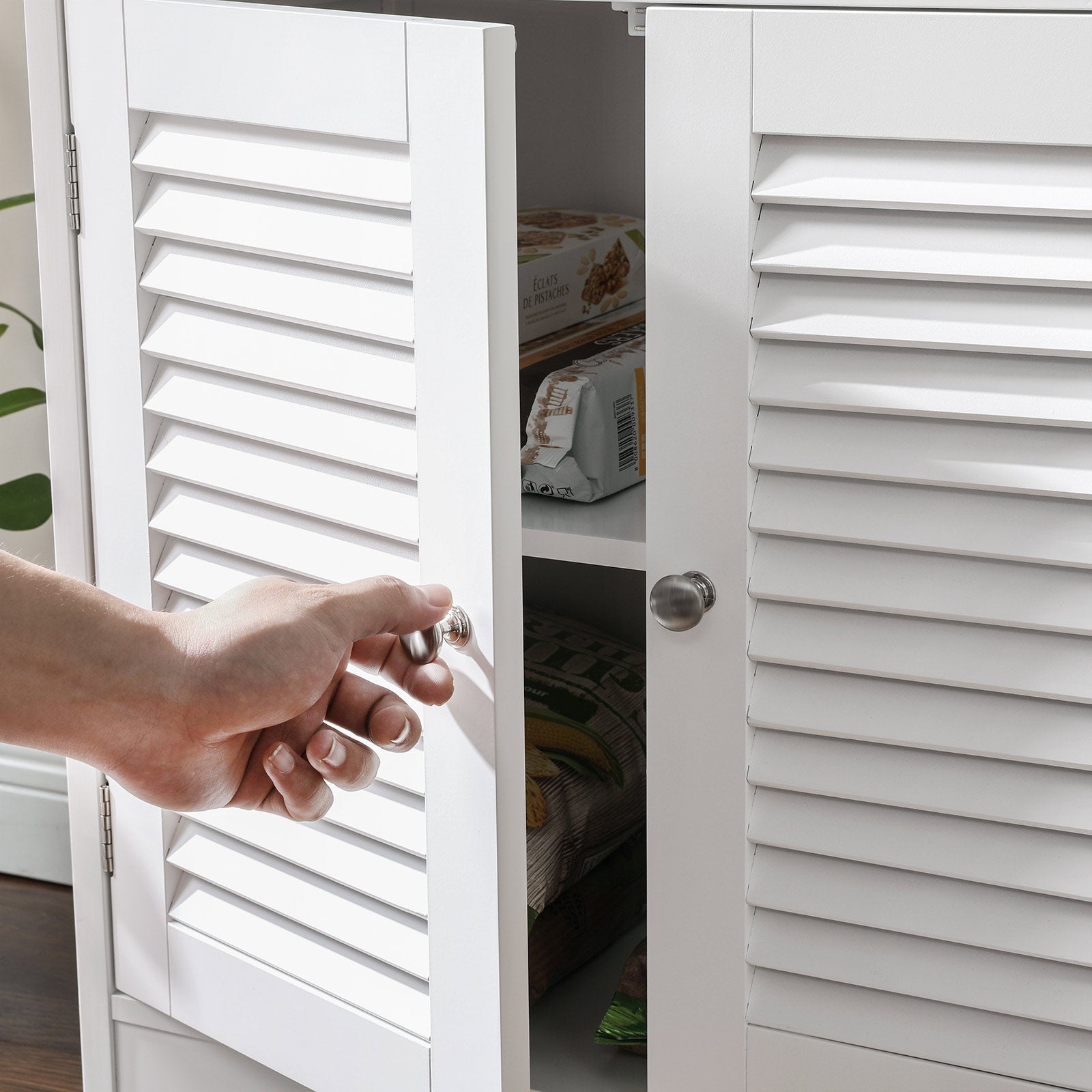 Bathroom Floor Cabinet – Engineered Wood – Matte White – Freestanding with 2 Open Shelves and Double Doors