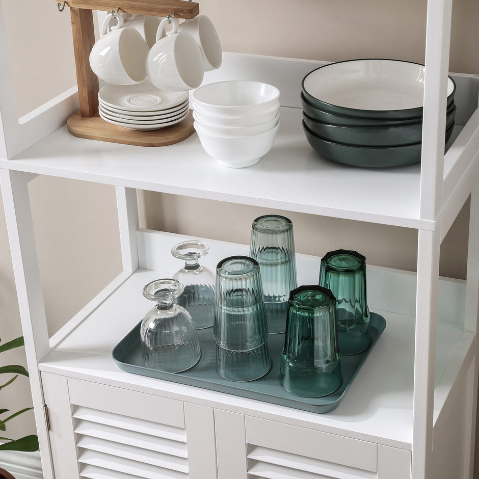 Bathroom Floor Cabinet – Engineered Wood – Matte White – Freestanding with 2 Open Shelves and Double Doors