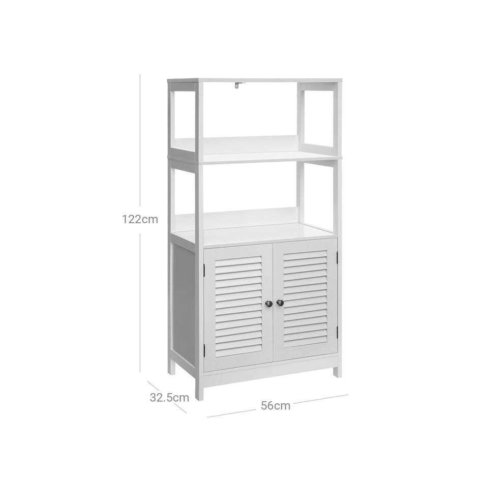 Bathroom Floor Cabinet – Engineered Wood – Matte White – Freestanding with 2 Open Shelves and Double Doors