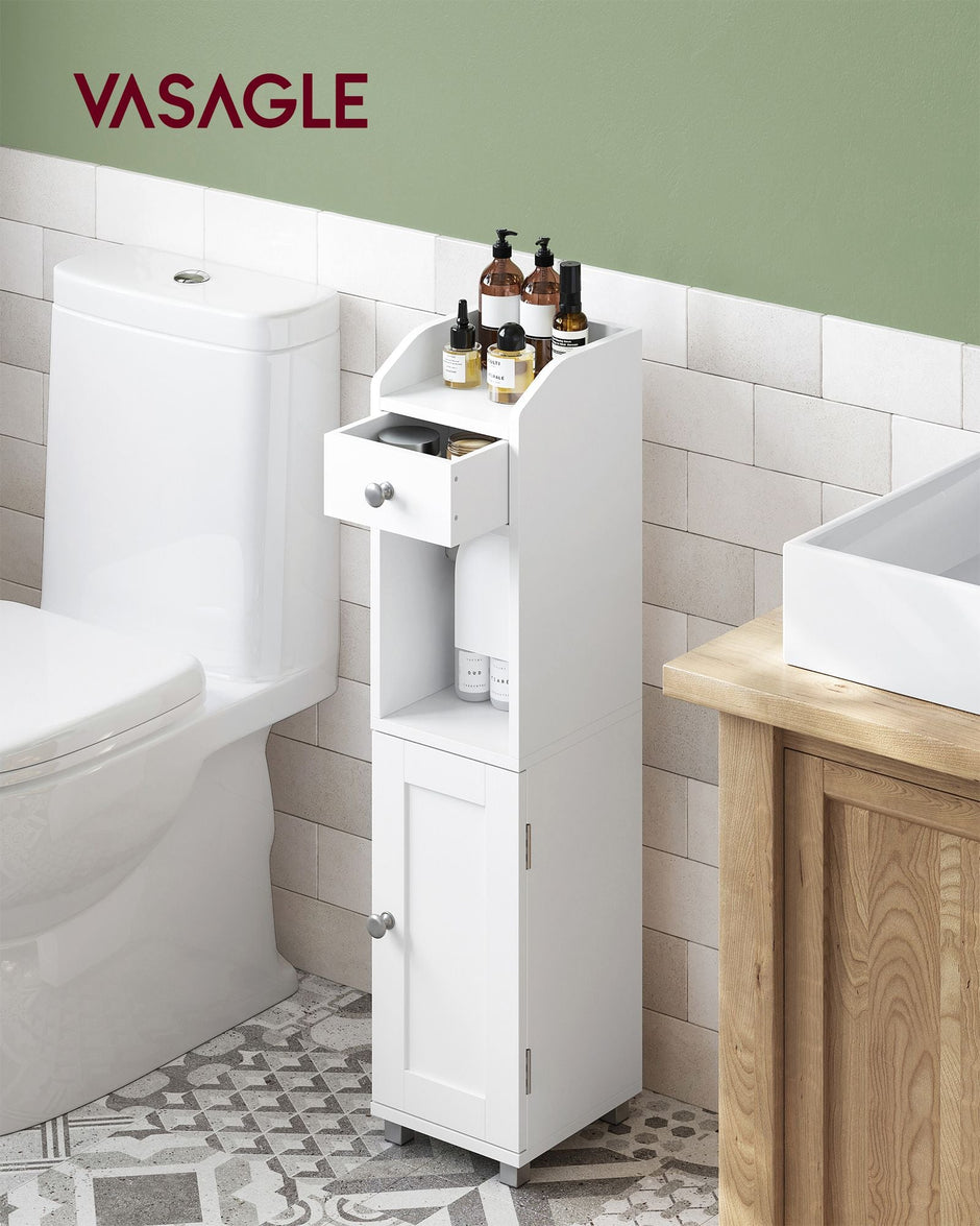 Small Bathroom Storage Cabinet – Wood – White – Adjustable Shelf with Toilet Paper Holder