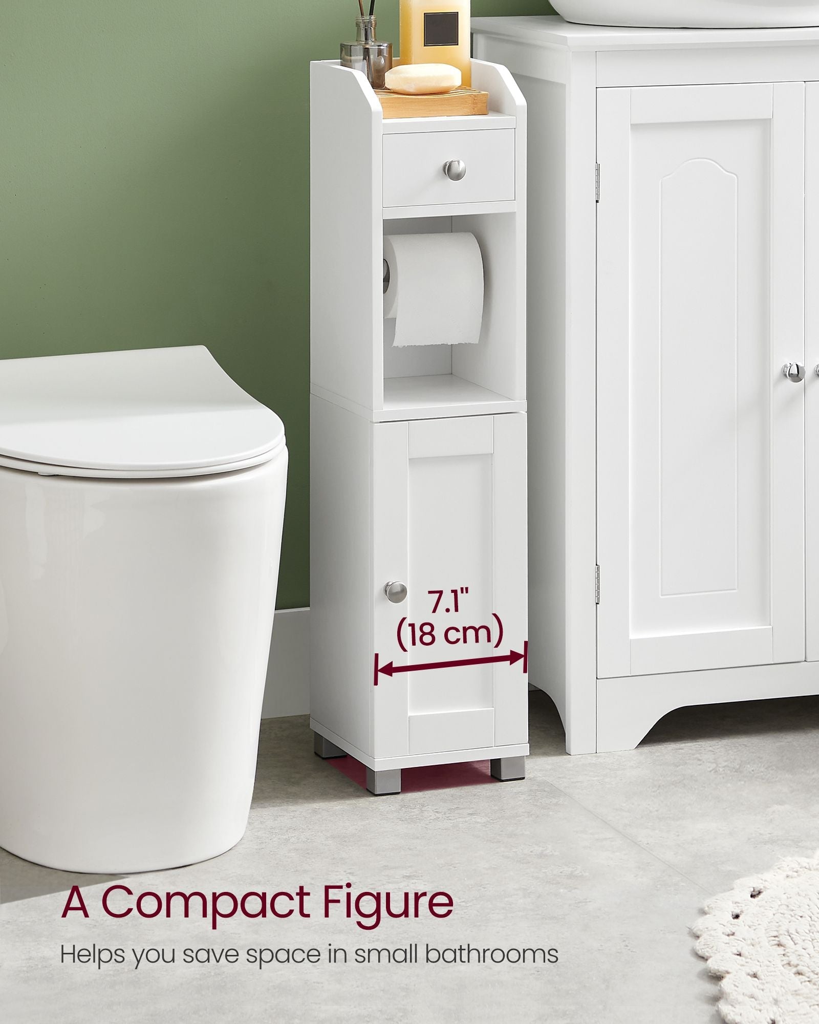 Small Bathroom Storage Cabinet – Wood – White – Adjustable Shelf with Toilet Paper Holder