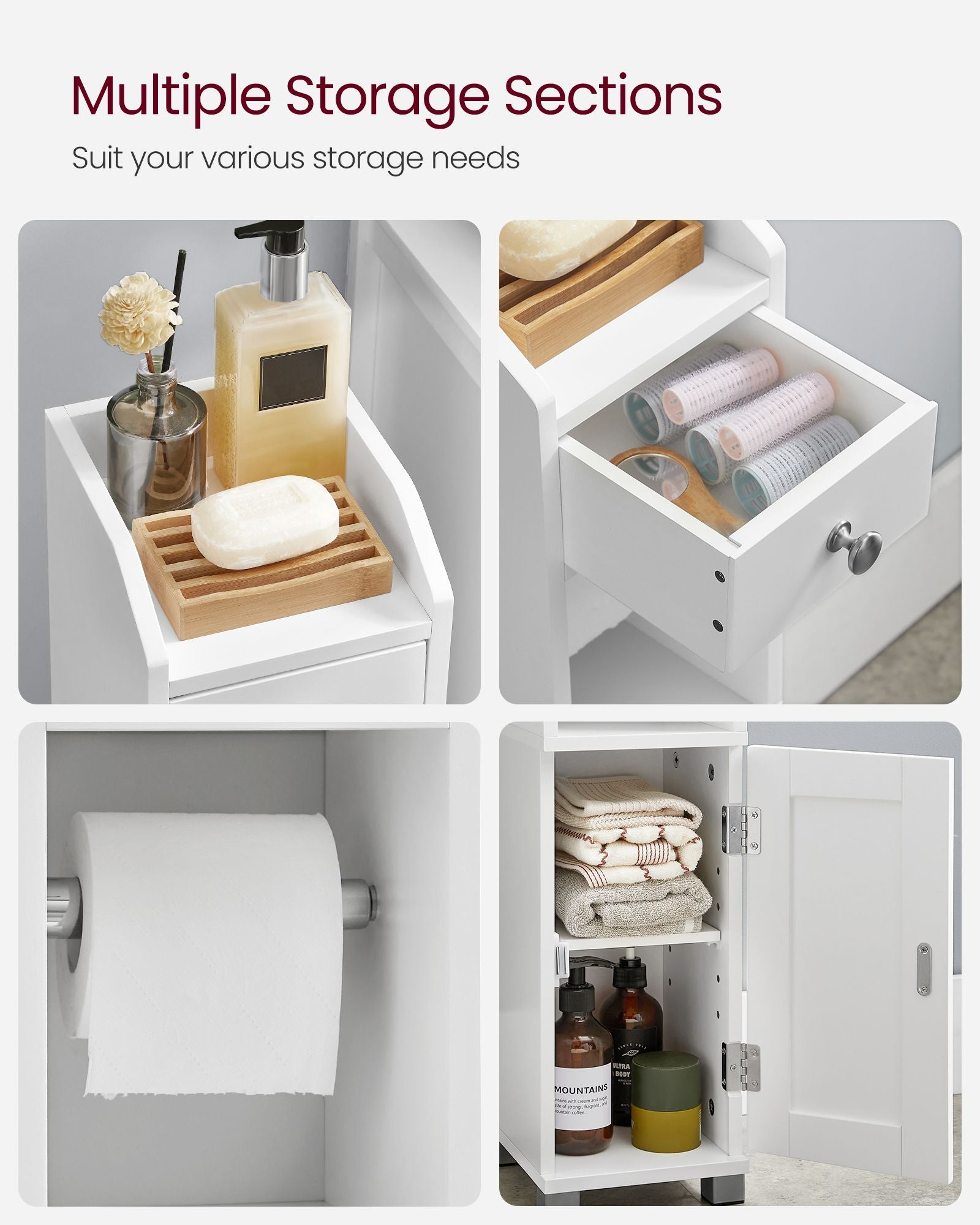 Small Bathroom Storage Cabinet – Wood – White – Adjustable Shelf with Toilet Paper Holder