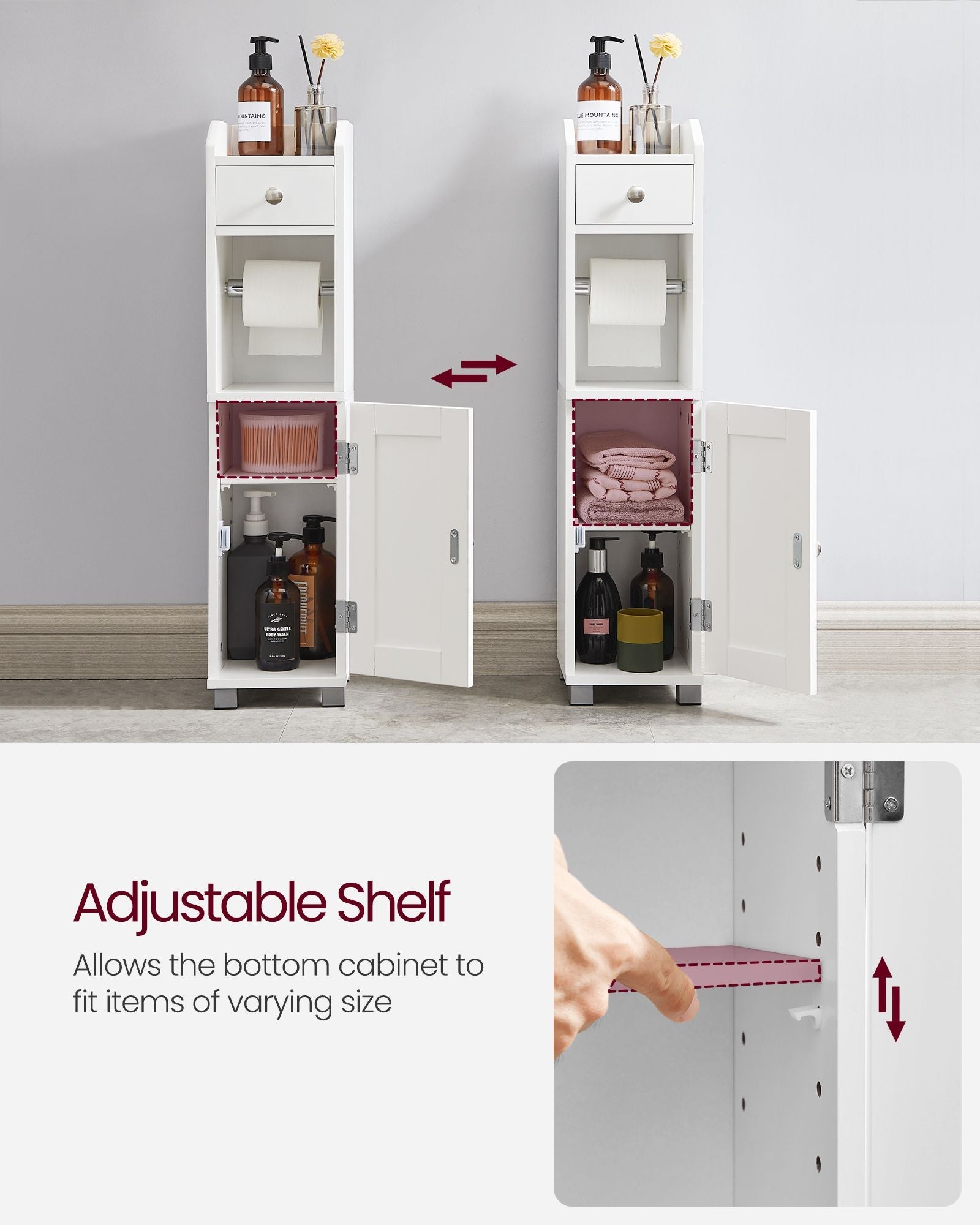 Small Bathroom Storage Cabinet – Wood – White – Adjustable Shelf with Toilet Paper Holder