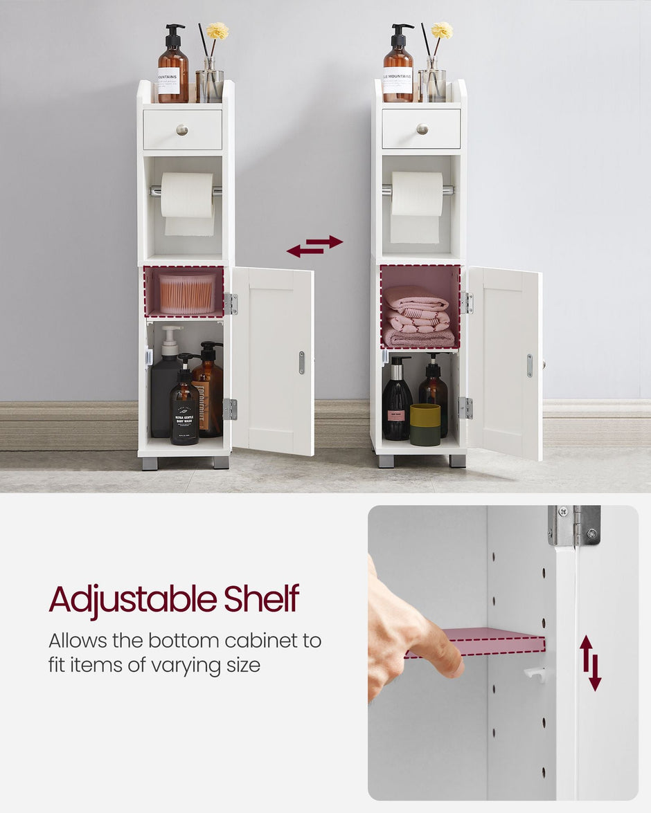 Small Bathroom Storage Cabinet – Wood – White – Adjustable Shelf with Toilet Paper Holder