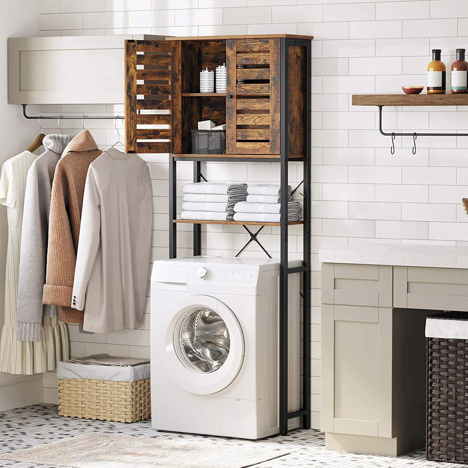 Over-The-Toilet Storage Shelf – Steel Frame – Rustic Brown and Black – Large Cabinet and Shelf, Industrial Style