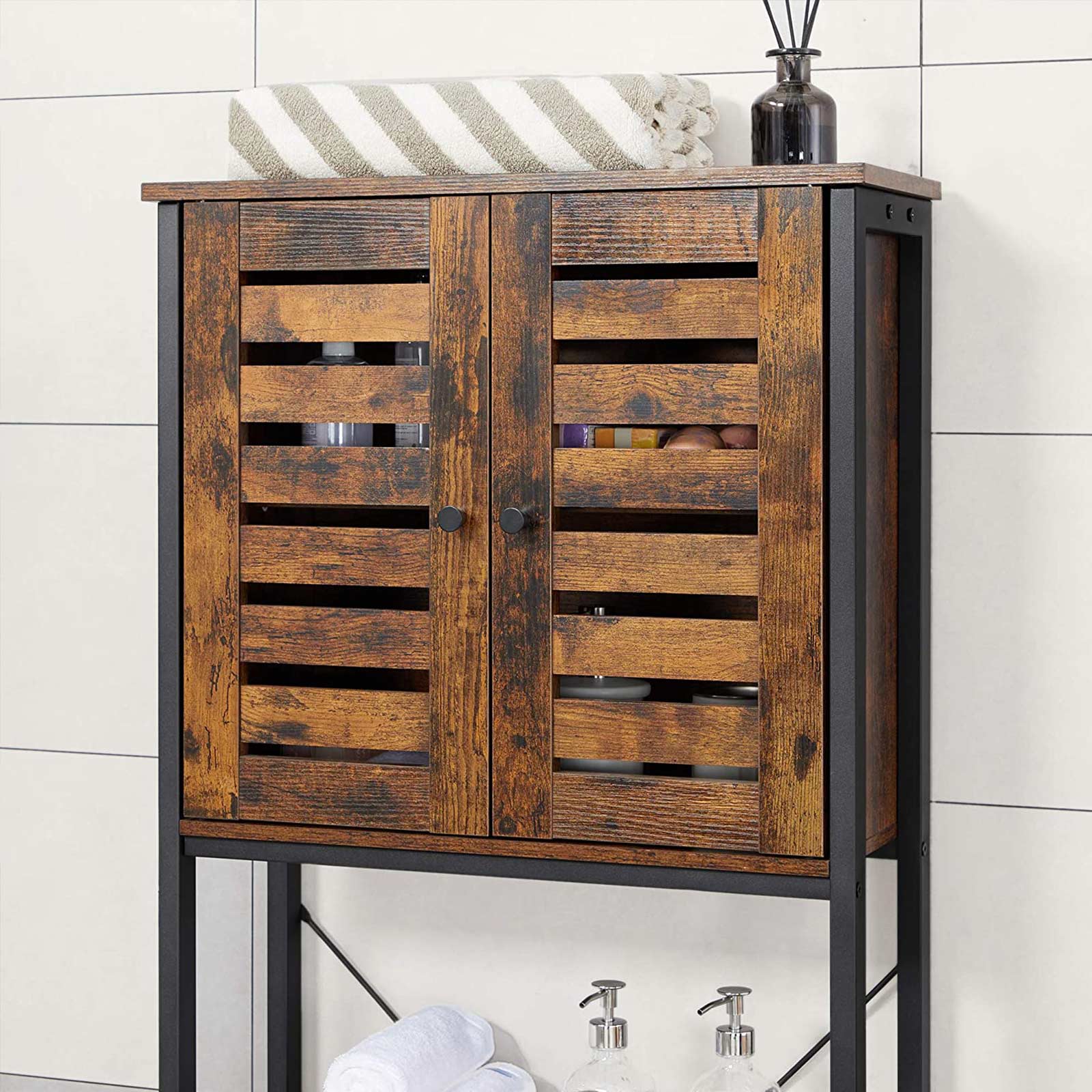 Over-The-Toilet Storage Shelf – Steel Frame – Rustic Brown and Black – Large Cabinet and Shelf, Industrial Style