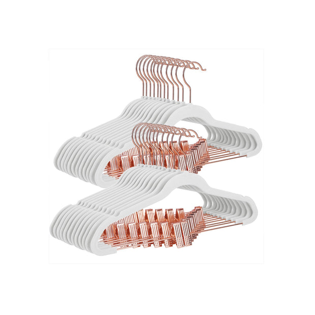 Velvet Coat Hangers – White – 24-Pack – Heavy-Duty, Non-Slip, Space-Saving with Rose Gold Movable Clips