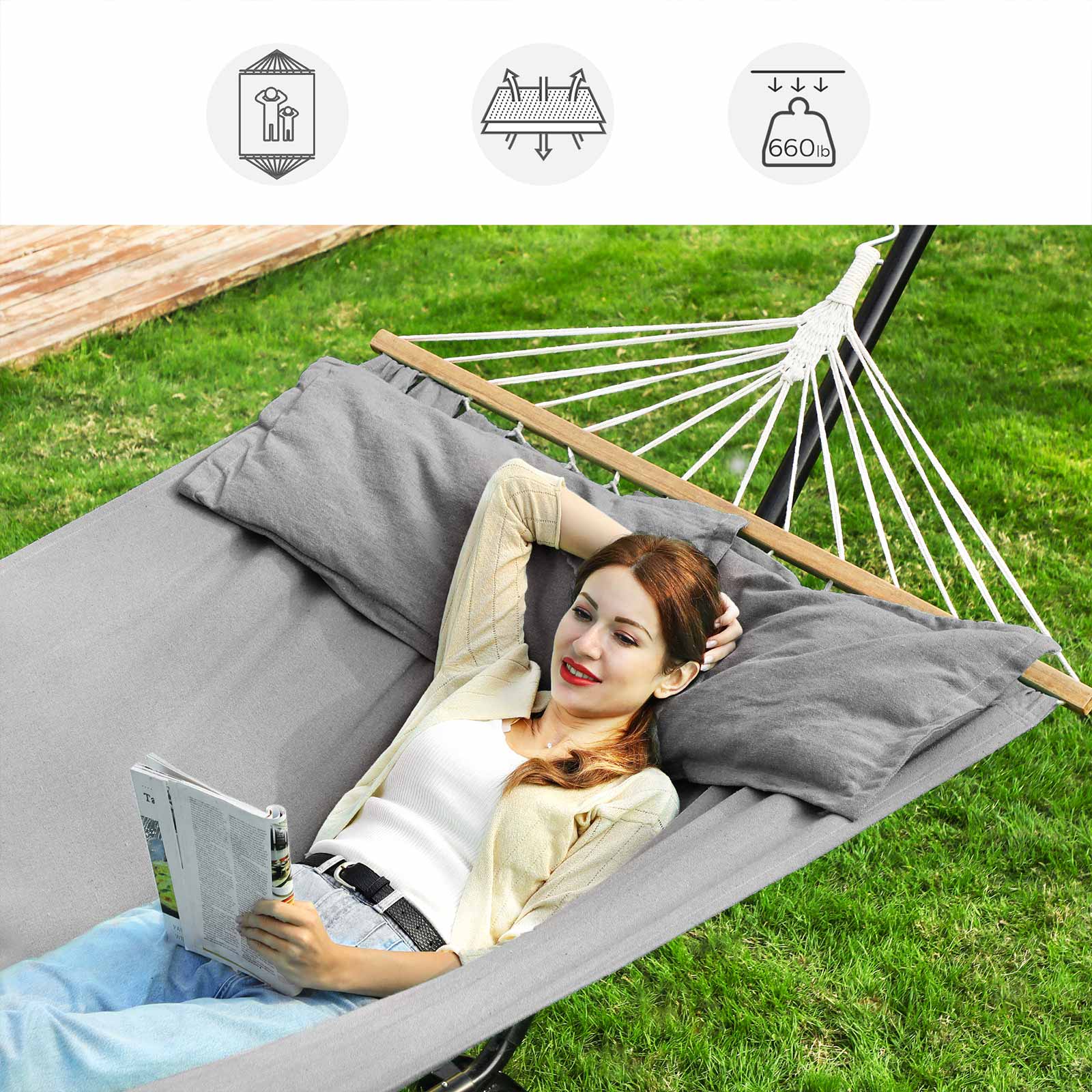 Double Hammock – TC Fabric – Gray – Includes 2 Pillows