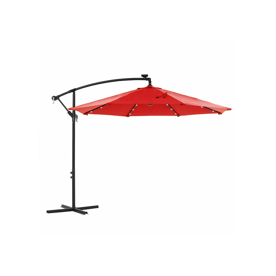 Cantilever Garden Patio Parasol – Fabric – Red – Solar-Powered LED Lights, UPF 50+, Offset Design