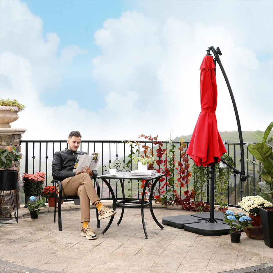 Cantilever Garden Patio Parasol – Fabric – Red – Solar-Powered LED Lights, UPF 50+, Offset Design