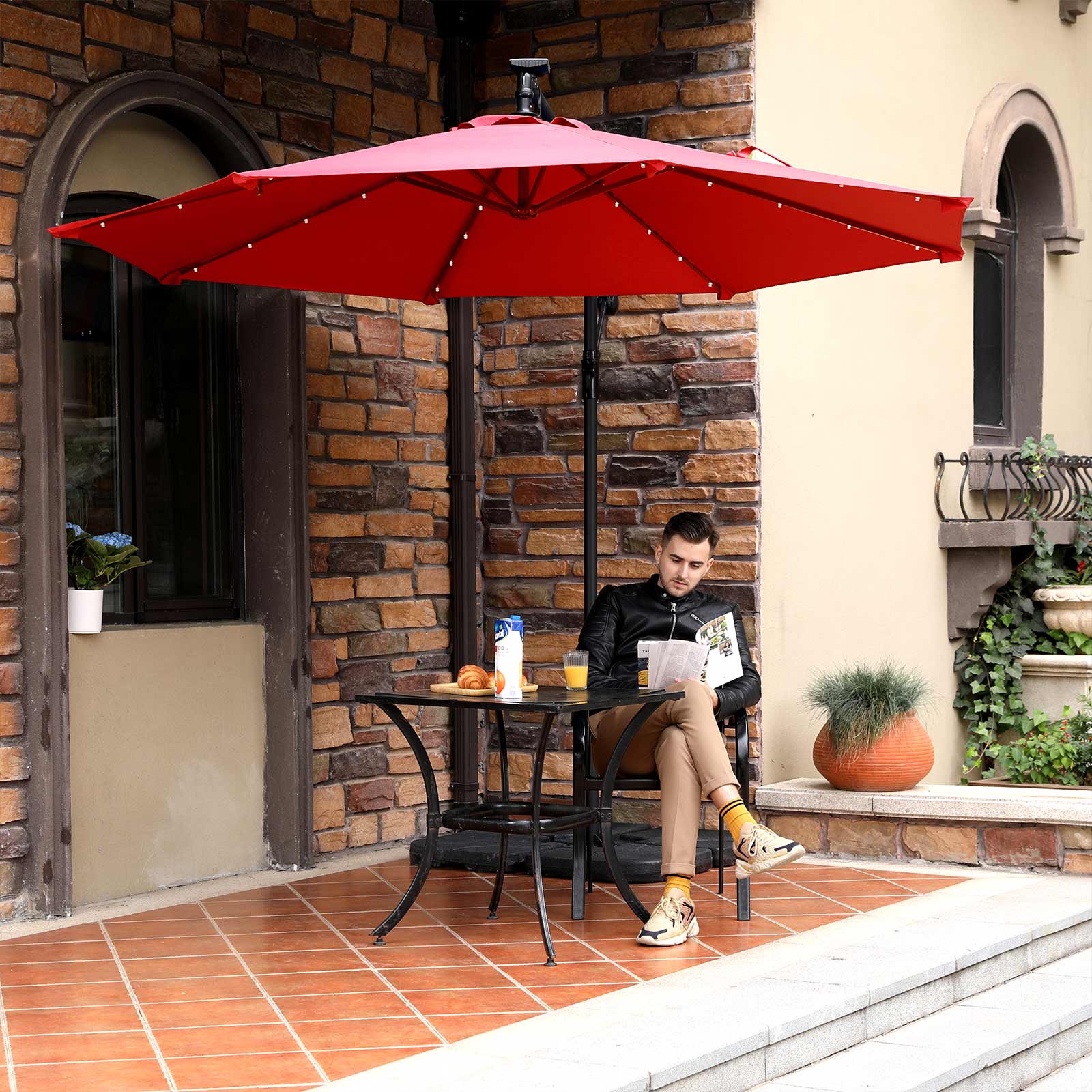 Cantilever Garden Patio Parasol – Fabric – Red – Solar-Powered LED Lights, UPF 50+, Offset Design