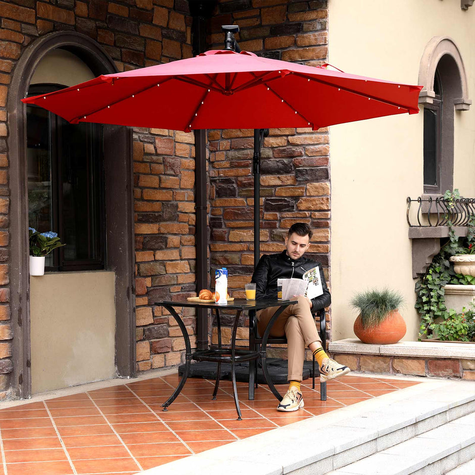 Cantilever Garden Patio Parasol – Fabric – Red – Solar-Powered LED Lights, UPF 50+, Offset Design