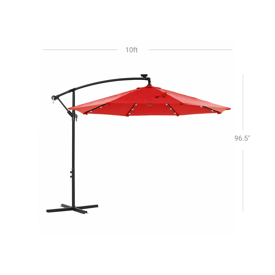Cantilever Garden Patio Parasol – Fabric – Red – Solar-Powered LED Lights, UPF 50+, Offset Design