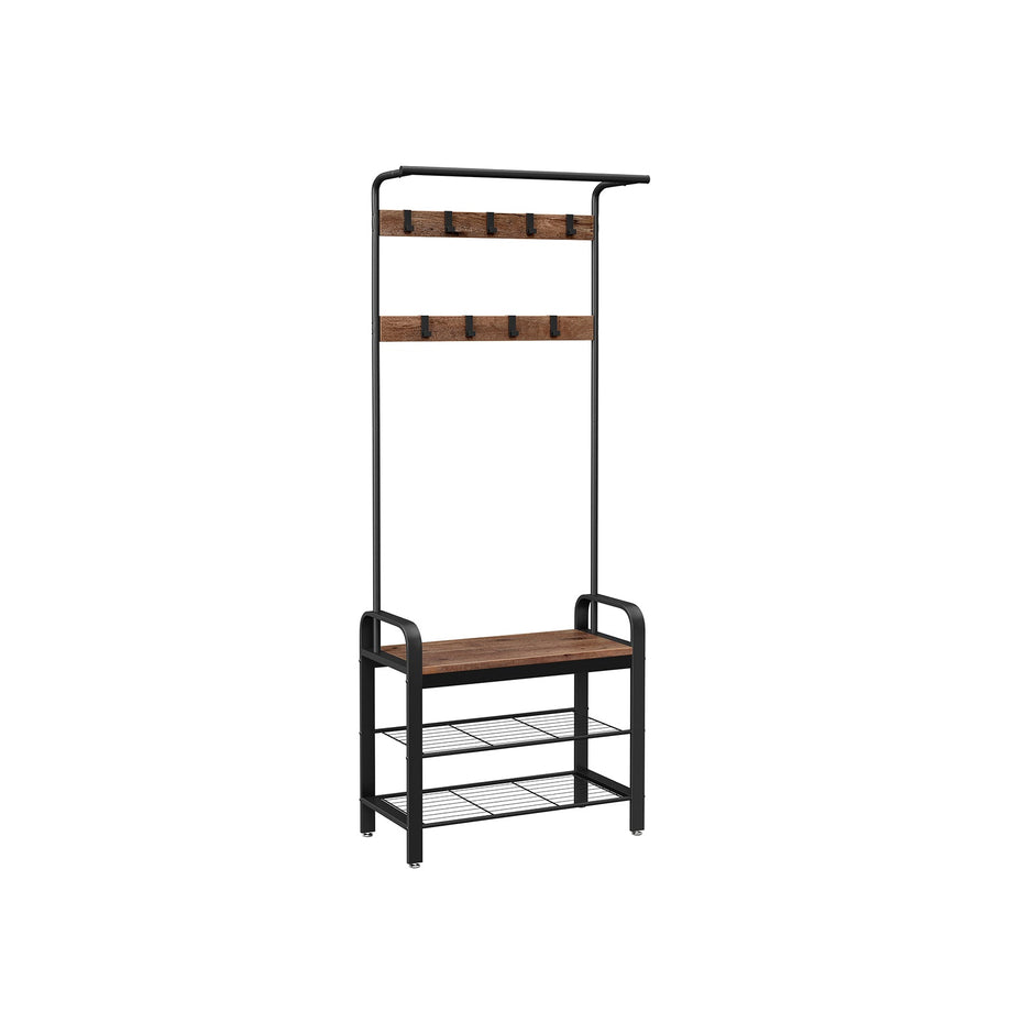 Coat Rack Stand – Steel – Hazelnut Brown and Black – Free Standing Hall Tree with Removable Hooks and Bench