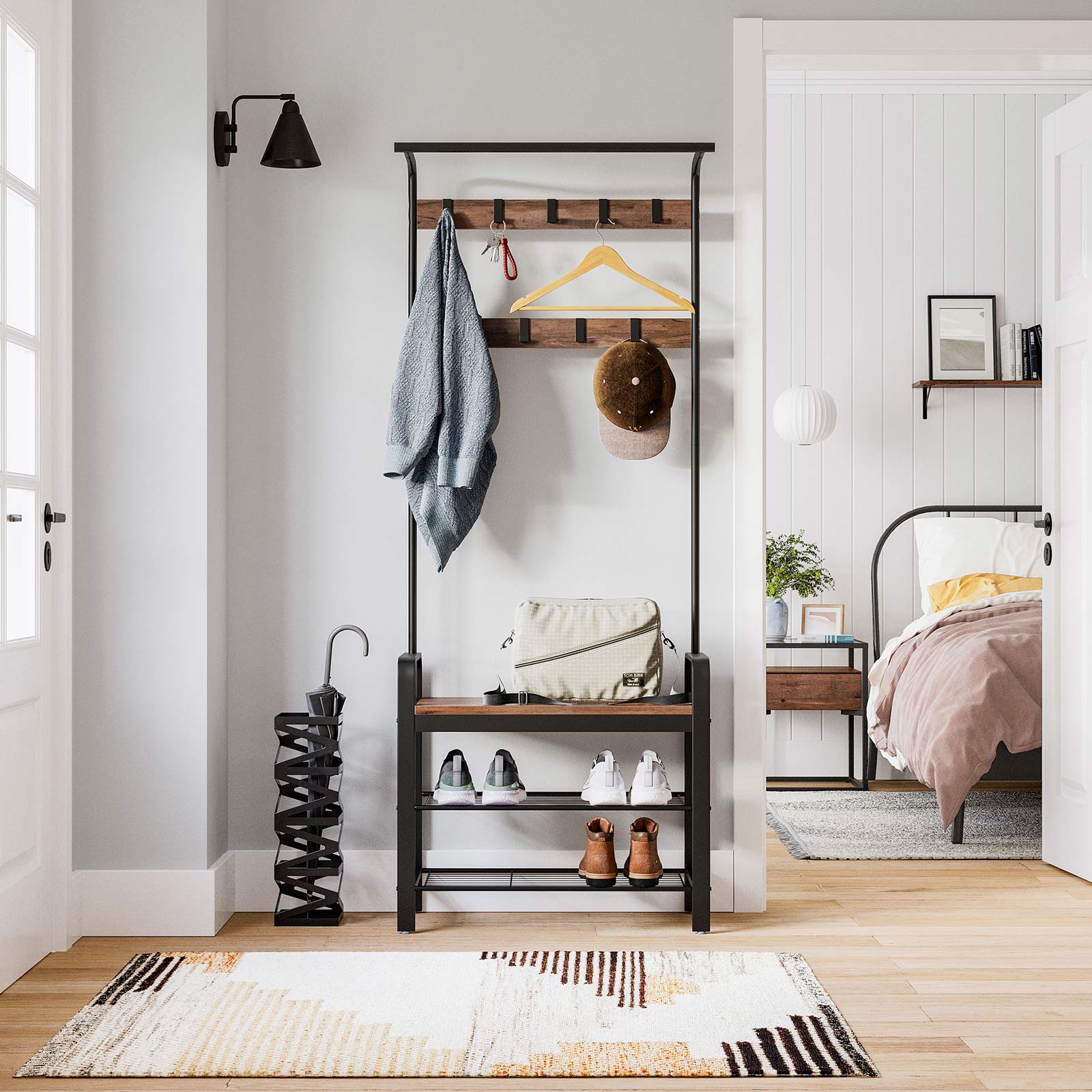 Coat Rack Stand – Steel – Hazelnut Brown and Black – Free Standing Hall Tree with Removable Hooks and Bench