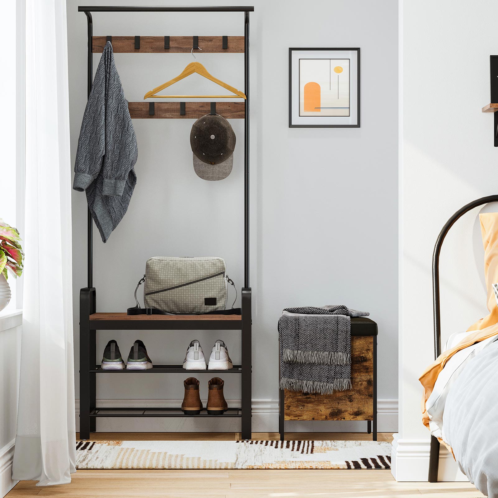 Coat Rack Stand – Steel – Hazelnut Brown and Black – Free Standing Hall Tree with Removable Hooks and Bench