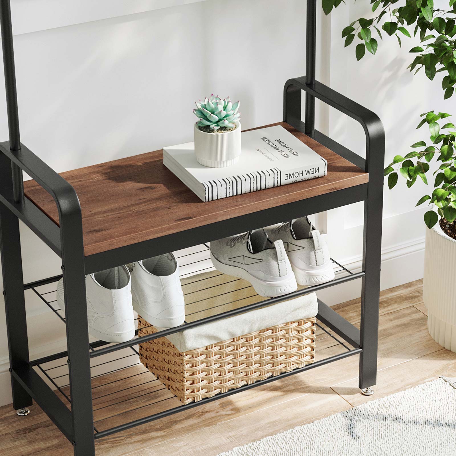 Coat Rack Stand – Steel – Hazelnut Brown and Black – Free Standing Hall Tree with Removable Hooks and Bench
