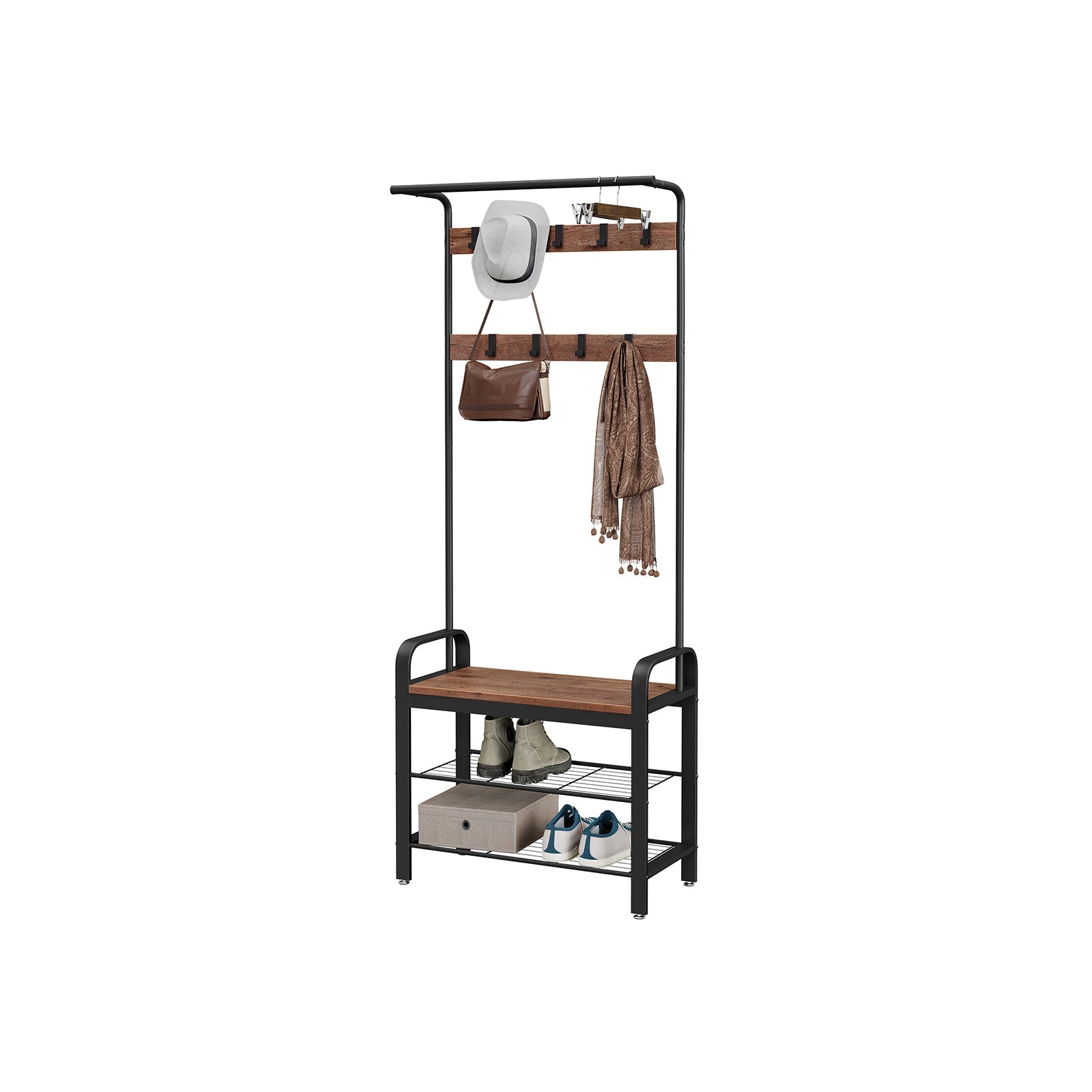 Coat Rack Stand – Steel – Hazelnut Brown and Black – Free Standing Hall Tree with Removable Hooks and Bench