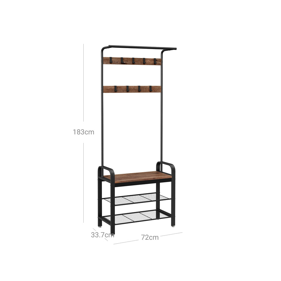 Coat Rack Stand – Steel – Hazelnut Brown and Black – Free Standing Hall Tree with Removable Hooks and Bench