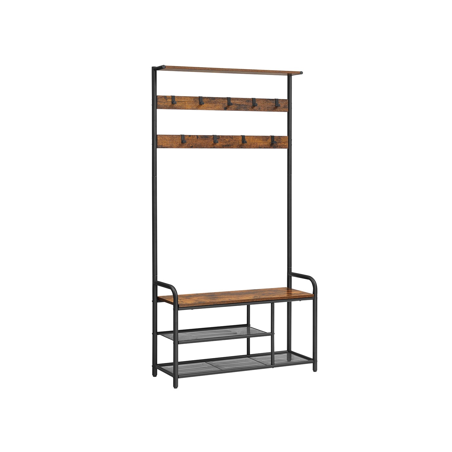 Coat Rack and Shoe Bench – Metal and Wood – Rustic Brown and Black – 9 Removable Hooks, Top Shelf