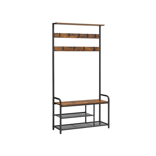 Coat Rack and Shoe Bench – Metal and Wood – Rustic Brown and Black – 9 Removable Hooks, Top Shelf