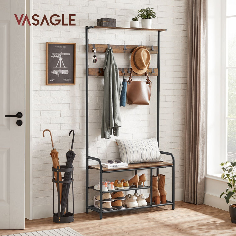 Coat Rack and Shoe Bench – Metal and Wood – Rustic Brown and Black – 9 Removable Hooks, Top Shelf