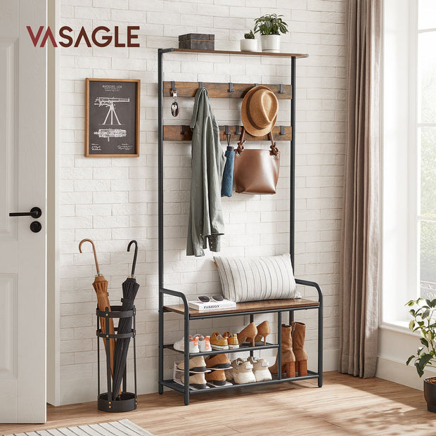 Coat Rack and Shoe Bench – Metal and Wood – Rustic Brown and Black – 9 Removable Hooks, Top Shelf
